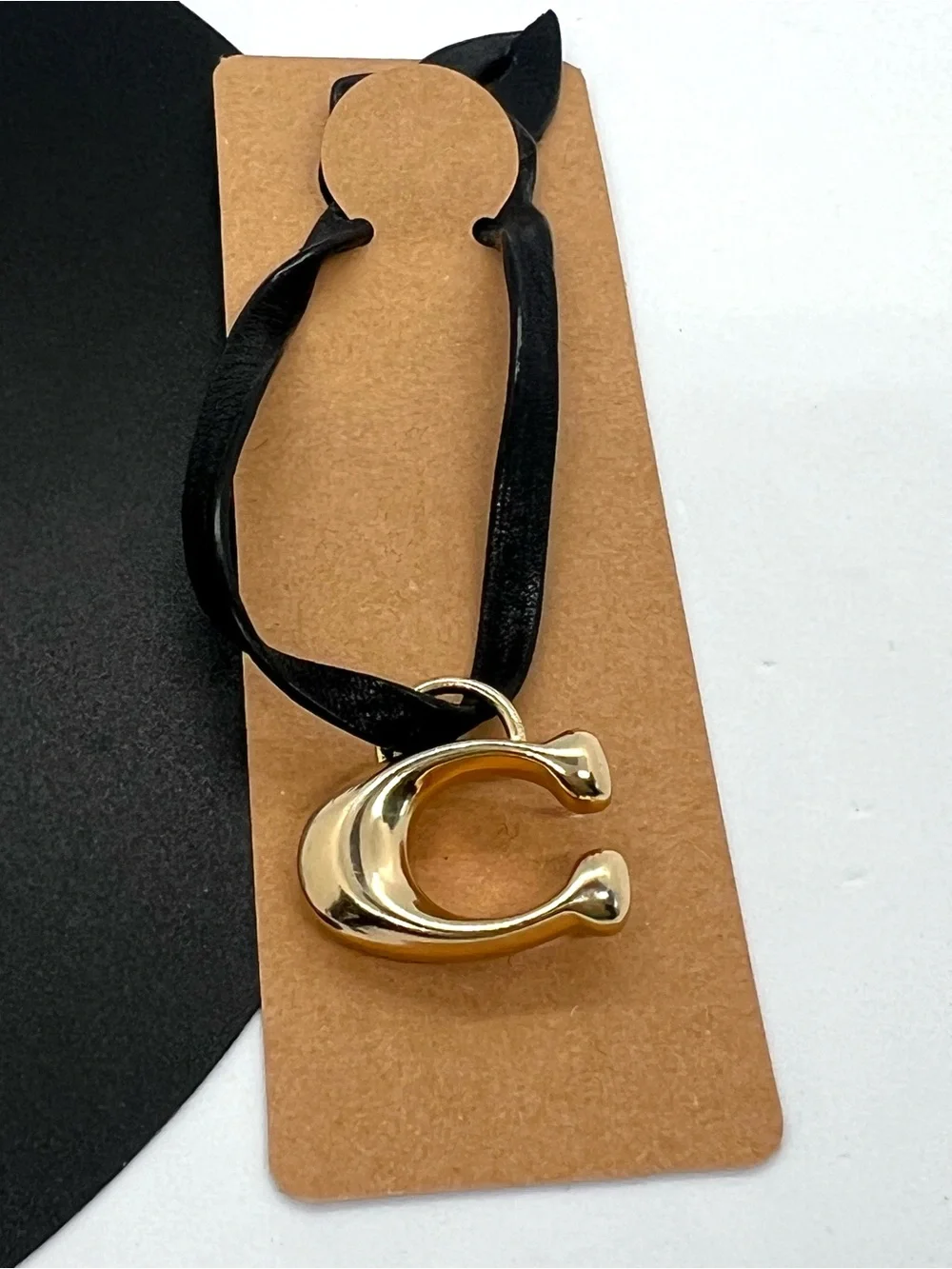 Coach Black Leather Loop Signature C Bag Charm Keychain Gold Tone Hangtag EUC